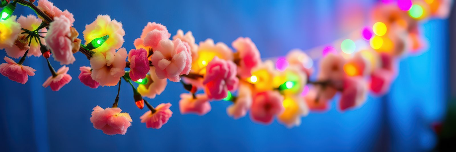 Colorful floral lights illuminate a soft blue backdrop at a festive celebration